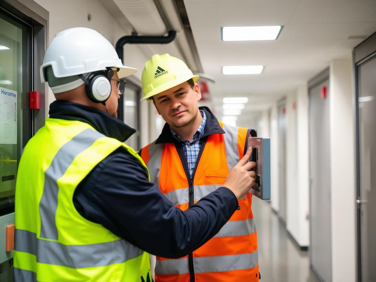 BFL engineers inspecting a fire alarm control panel in a commercial building